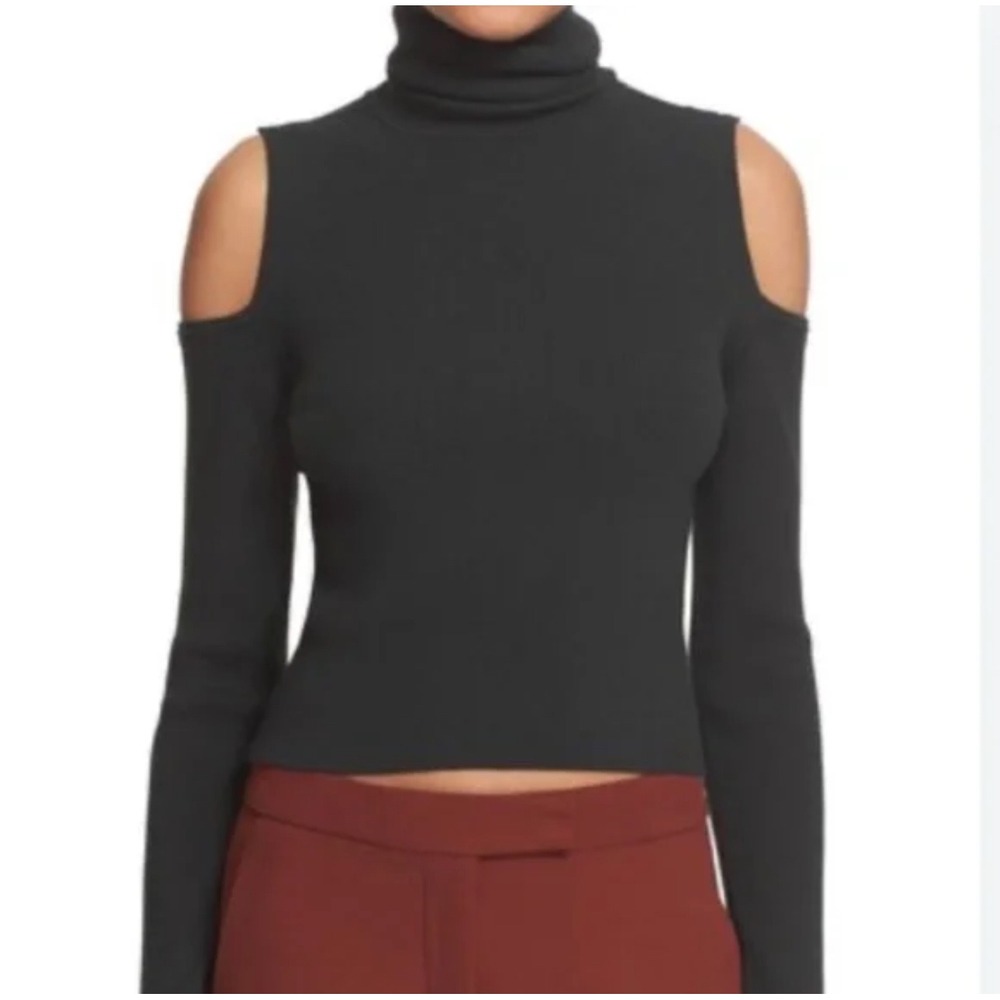A.L.C Cold-Shoulder Black Ribbed Knit Cropped Long-Sleeve Turtleneck‎ Top